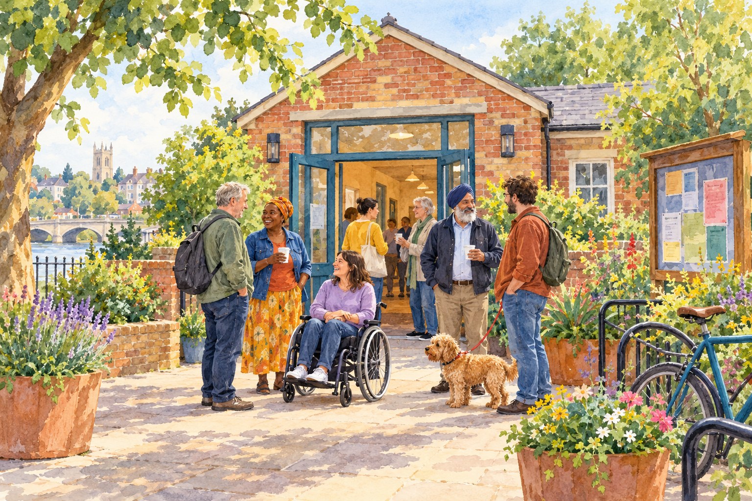 Representative watercolour illustration of Kingston neighbours gathering outside a community venue