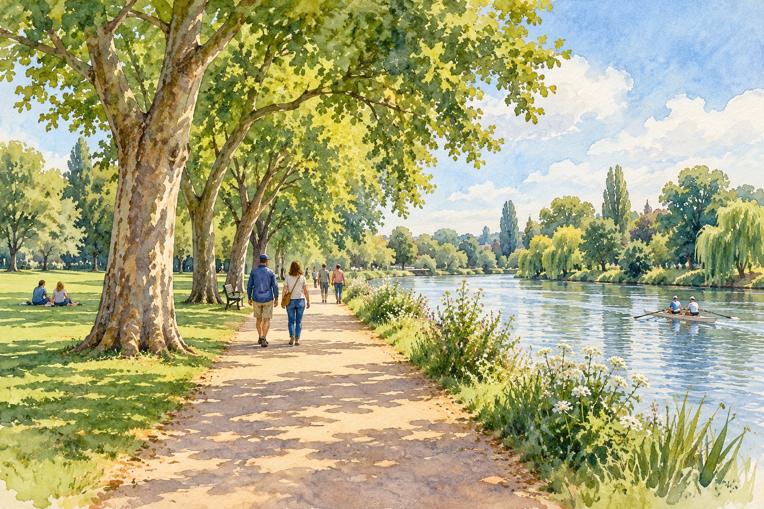 Representative watercolour illustration of a leafy Thames-side walk inspired by Canbury Gardens